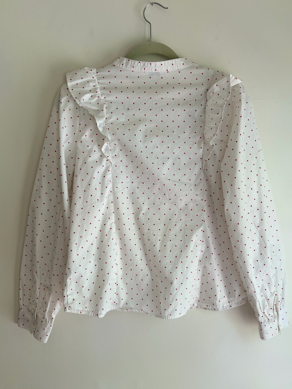 J. Crew Mini Heart Print White Ruffle Button Down Blouse Size M - Picture 3 of 7